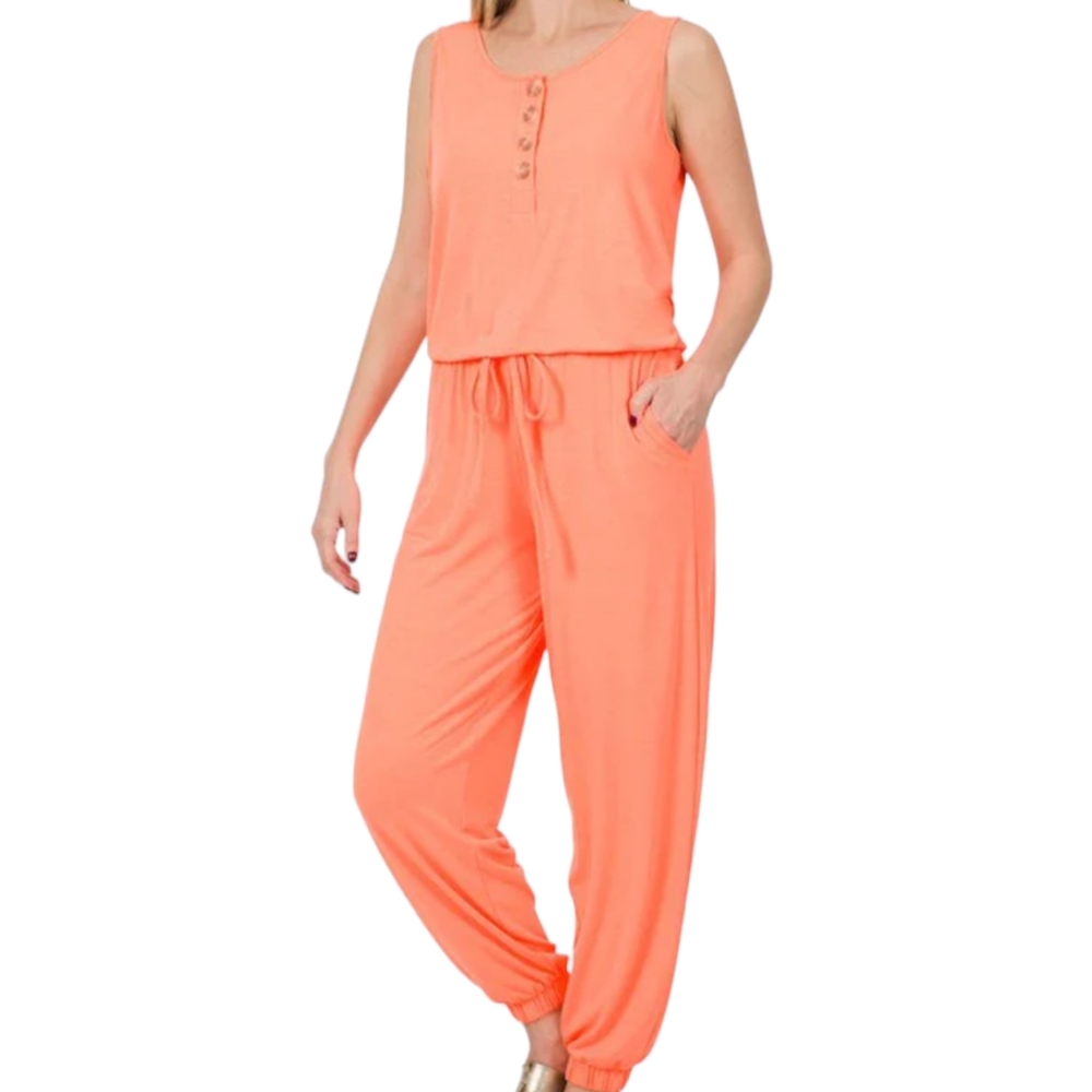 Zenana Sleeveless Jogger Jumpsuit Neon Orange Women's Size Small